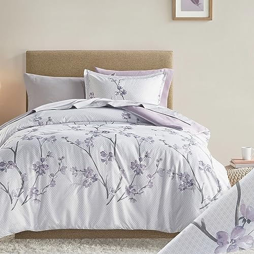 Comfort Spaces Bed in A Bag - Trendy Casual Design Cozy Comforter with Complete Sheet Set with Side Pocket, All Season Cover, Matching Shams Twin XL(66 in x 90 in), Kate, Grey/Purple 6 Piece Comfort Spaces