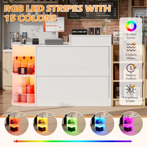 Modern Reception Desk with LED Light and Open Shelves, Front Desk with Lockable Drawers & Keyboard Tray,Reception Counter Table with Storage for Checkout, Office, Lobby, Nail Salon Spa (C.White) SDMY