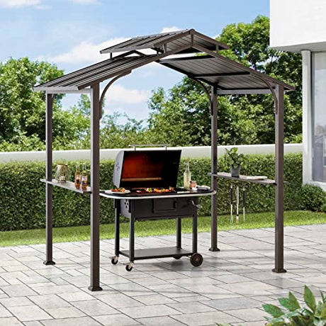 Sunjoy Grill Gazebo 5 ft. x 8 ft. Brown Steel Frame Double Tiered Hardtop Gazebo with Ceiling Hook and Bar Shelves Sunjoy