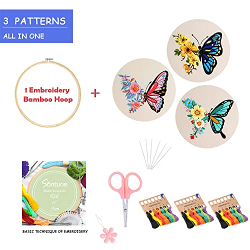 Santune 3 Pack Embroidery Kit for Beginners Adults Cross Stitch Kits with Butterfly Patterns and Instructions,DIY Hand Crafts with 1 Hoop,Threads and 6 Needles