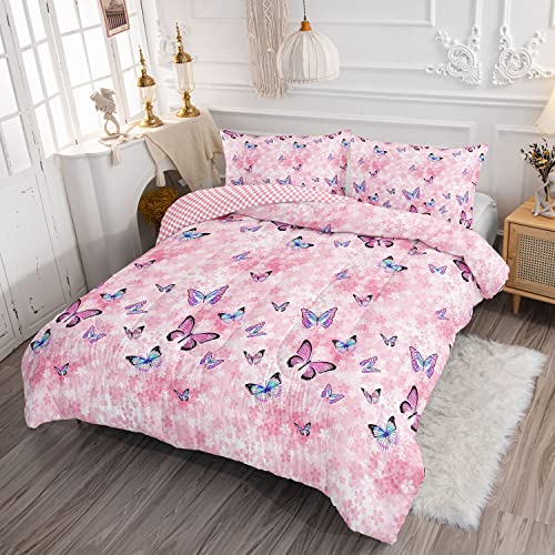 Datura home Kids Comforter Set Girls Pink Flower Butterfly Printed Pattern Quilt Bedding Set with 1 Comforter and 2 Pillowcases for Girls Bedroom All Season(Pink Flower Butterfly Twin 68x86inch) SXMFFHCG