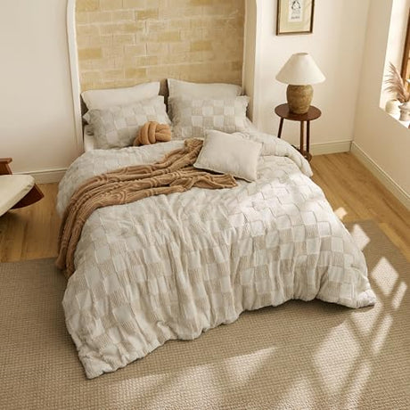 Bedsure Twin/Twin XL Size Comforter Set Beige, Boho Tufted Bed Set, Checkered Farmhouse Shabby Chic Bedding, 2 Pieces, 1 Plaid Geometric Comforter and 1 Pillow Sham Bedsure