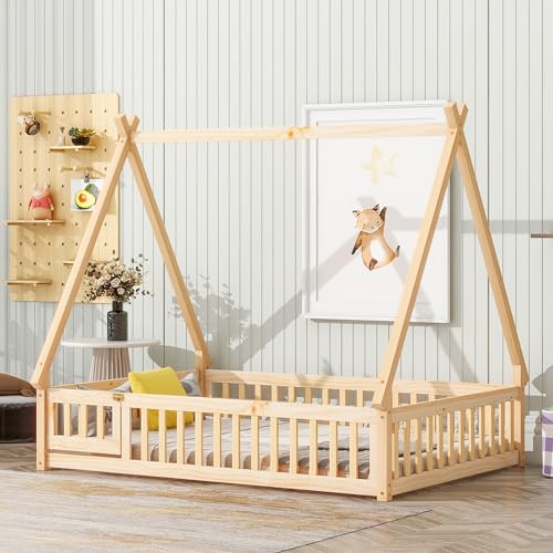 Bellemave Montessori Tent Floor Bed for Kids with Door and Guardrails - Natural Wood, Full Size - WoodArtSupply