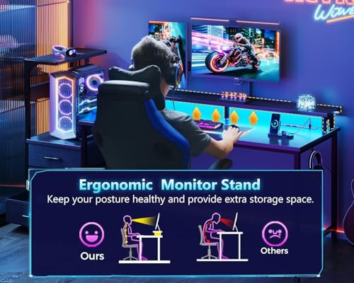 Casaottima 59 Inch Gaming Desk with USB Charging Ports & LED Light - Reversible Computer Desk with 3 Fabric Drawers, Monitor Stand, CPU Stand, and Side Hook, Modern Office Desk, Pure Black Casaottima