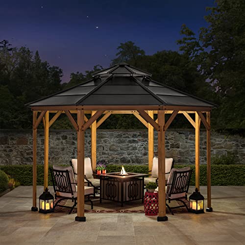 Sunjoy Allentown Collection 13 ft. x 13 ft. Cedar Framed Octagon Wood Gazebo with Steel 2-Tier Hardtop Roof, Black - WoodArtSupply