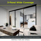 3-Panel Clear Glass Sliding Room Divider - Tempered Glass Wall Separator Screen for Office, Home, Workstation, Cubicle, Desk - Commercial & Residential Partition - 90" W x 80" H, Black Frame The Sliding Door Company