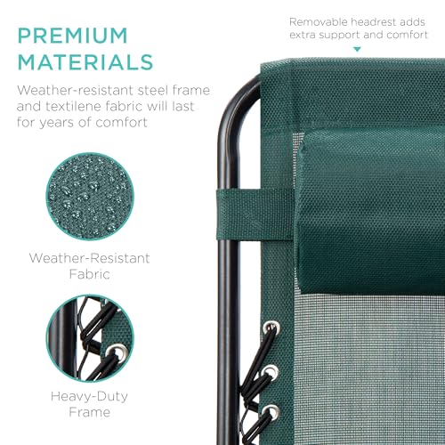 Best Choice Products Set of 2 Adjustable Steel Mesh Zero Gravity Lounge Chair Recliners w/Pillows and Cup Holder Trays - Forest Green