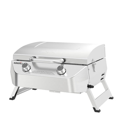 Nexgrill Stainless Steel 2-Burner Portable Gas Grill with Locking Lid, Folding Legs, 20,000 BTUs, 251 SQ In Cooking Space, Tabletop Grill for Camping, Outdoor Cooking, Patios, and More - 820-0007GE