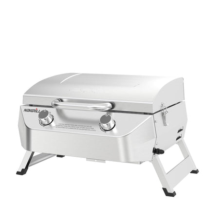 Nexgrill Stainless Steel 2-Burner Portable Gas Grill with Locking Lid, Folding Legs, 20,000 BTUs, 251 SQ In Cooking Space, Tabletop Grill for Camping, Outdoor Cooking, Patios, and More - 820-0007GE Nexgrill