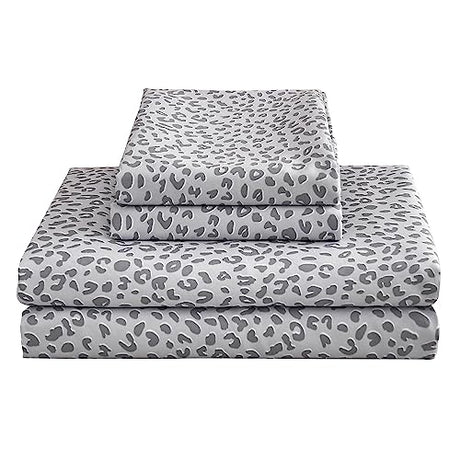 Mooreeke Leopard Cheetah Printed Queen Bed Sheets, Soft Microfiber Bedding Sheets & Pillowcases, Deep Pocket Non-Slip Fitted Queen Sheet, Silver Grey Animal Pattern Bedsheets Mooreeke