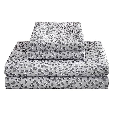 Mooreeke Leopard Cheetah Printed Queen Bed Sheets, Soft Microfiber Bedding Sheets & Pillowcases, Deep Pocket Non-Slip Fitted Queen Sheet, Silver Grey Animal Pattern Bedsheets