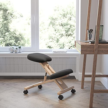 EMMA + OLIVER Mobile Wooden Ergonomic Kneeling Office Chair in Black Fabric EMMA + OLIVER