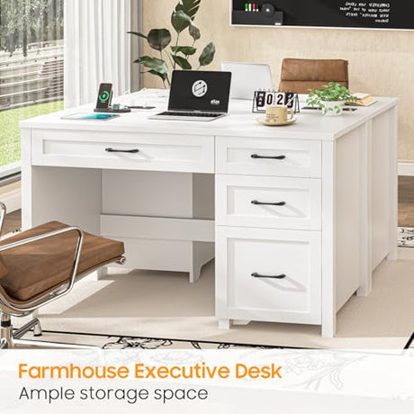 Vabches Farmhouse 47" Executive Desk, Computer Desk with File Drawer and Charging Station, Workstation for Home Office, Study.Cream White Vabches