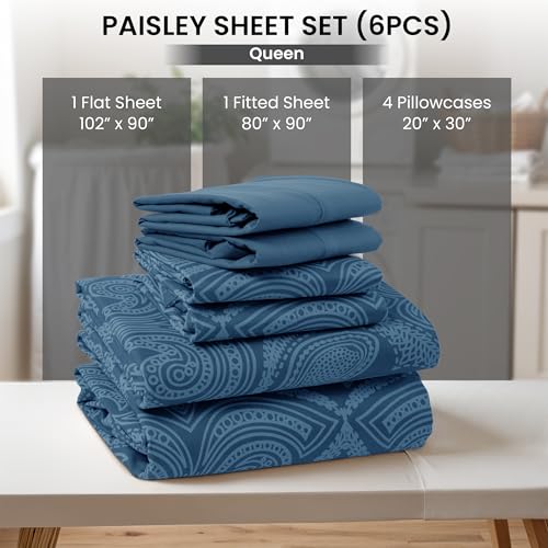Ultra Soft Wrinkle-Free Microfiber Paisley Queen Sheet Set, Breathable Boho Bed Sheet Set – 16" Deep Pocket Fitted Sheet, Flat Sheet & 4 Pillowcases, Juegos de Sábanas, OEKO-TEX - Navy Blue LDC LUX DECOR COLLECTION