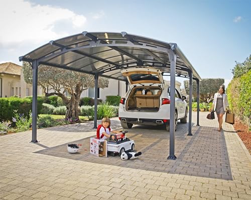 Palram - Canopia Arcadia 12 x 21 x 6.5 Carport, Heavy Duty Metal Car Port, Weather-Protected Aluminum Frame, Polycarbonate RV & Car Storage, UV Protected, DIY Truck Garage Kit, 10-Year Warranty, Gray Palram