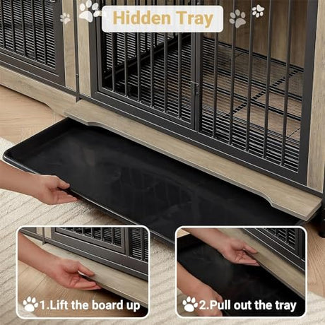 Rovibek 75'' Double Dog Crate Furniture for 2 Large Dogs, Heavy Duty Furniture Style Dog Crates End Table, Wood Crates for Dogs Kennel Indoor with Double Door, Grey Rovibek