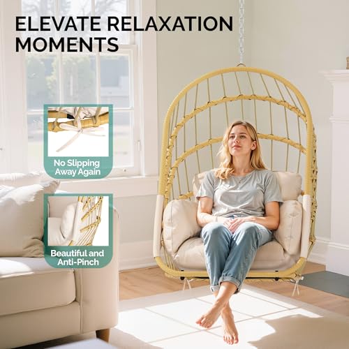 YITAHOME Hanging Egg Chair Without Stand, Rattan Wicker Swing Egg Chair with Light String & Resistant Cushion, 350lbs Capacity, Foldable Hanging Basket Chair for Porch, Garden, Balcony - Beige YITAHOME