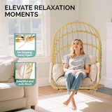 YITAHOME Hanging Egg Chair Without Stand, Rattan Wicker Swing Egg Chair with Light String & Resistant Cushion, 350lbs Capacity, Foldable Hanging Basket Chair for Porch, Garden, Balcony - Beige YITAHOME