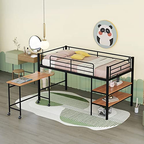 Harper & Bright Designs Twin Loft Bed Low Loft Bed Frame with Storage Shelves and Movable Table with Wheels, Metal Low Loft Beds Small Room/Low Ceiling Bedroom with Guardrail and Ladder, Black Harper & Bright Designs