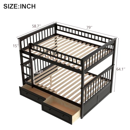 Ball & Cast Full Over Full Bunk Bed with 2 Storage Drawers and Ladder,Wood Bunk Bed Frame w/Guardrails,Space-Saving,Slat Support,No Box Spring Needed,Convertible Beds for Apartment,Bedroom,Espresso Ball & Cast
