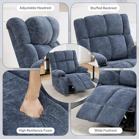 Coziture 360°Swivel Rocker Recliner Chair,Rocking Recliner Chair with Adjustable Headrest for Adults,Upholstered Fabric Rocking Chair Swivel for Bedroom,Living Room,Blue Coziture