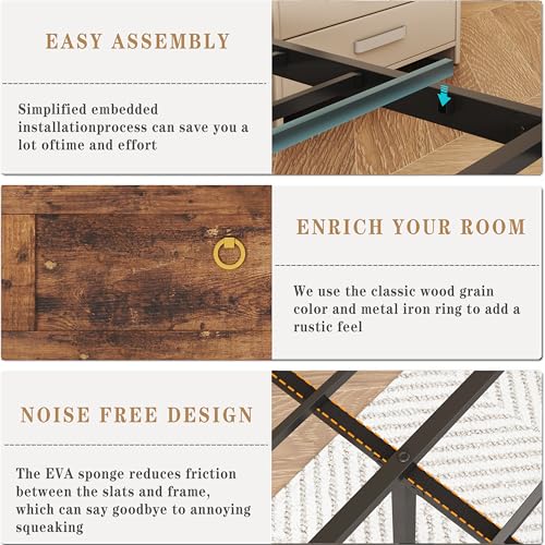 TIGUBFRE Full Bed Frame with 4 Drawers Bookshelf Headboard, Farmhouse Bed Frame with Charging Station & LED Lights, Metal Slats Support, Noise Free, No Box Spring Needed Rustic Brown TIGUBFRE