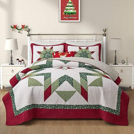 NELIFDER King Size Christmas Bedding Quilt Set 100% Cotton Red Bird White Snowflake Pattern Bedspread Real Patchwork Star Hand Made 3 Peice Wedding Ring Set NELIFDER