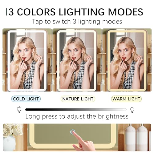 IAISRO 42'' Fluted Makeup Vanity Desk with LED Lights Mirror & Charging Station, Modern Glass Top Vanity Table with 5 Drawers & Open Shelves, Dressing Table for Bedroom, Living Room, Oak IAISRO