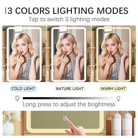 IAISRO 42'' Fluted Makeup Vanity Desk with LED Lights Mirror & Charging Station, Modern Glass Top Vanity Table with 5 Drawers & Open Shelves, Dressing Table for Bedroom, Living Room, Oak IAISRO