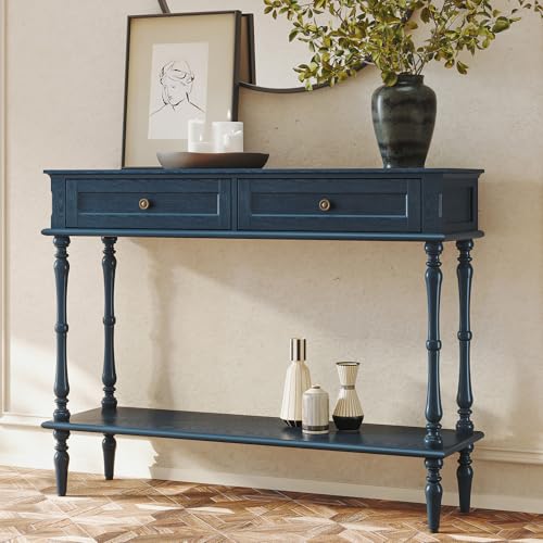 ARTPOWER Console Table for Entryway with 2 Drawers-Minimal Assembly,Blue Retro Entryway Table with Storage Cabinets and Open Shelf,Narrow Long Couch Table Behind Sofa for Living Room,Foyer,Hallway ARTPOWER