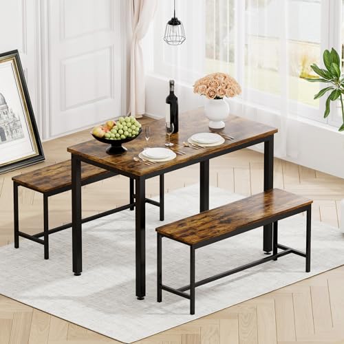 ROCKINGRUN Rustic Brown Bar Table Set with 2 Benches for 4 - Compact Dining Solution for Small Spaces - WoodArtSupply