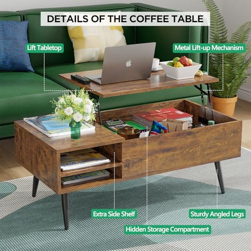PayLessHere Lift Top Coffee Table with Adjustable Storage and Hidden Compartment Small Wood Coffee Table Center Table for Home Living Room Office Apartment Reception Room,Brown PayLessHere