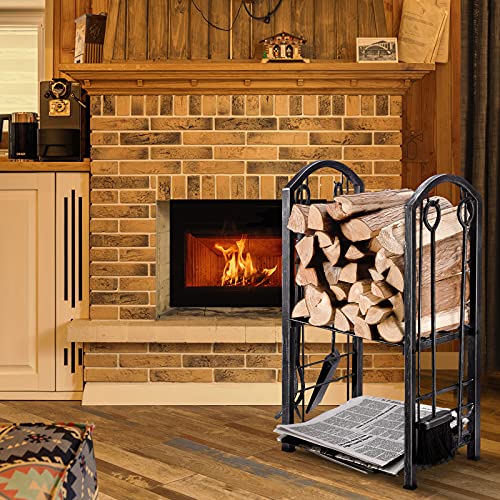 Amagabeli Firewood Rack Indoor 5 Pieces Fireplace Tools Set Fire Wood Holder with Tongs Poker Brush and Shovel Outdoor Log Rack Solid Wrought Iron Fireplace Set Kit Wood Stove Accessories Pew - WoodArtSupply