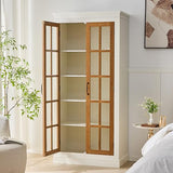 PAXIPEX 71" Rustic Farmhouse Display Cabinet, Display Case with Lattice Glass Doors, Curio Cabinet with Adjustable Shelves for Home Living Room Office, Brown,Cream White PAXIPEX