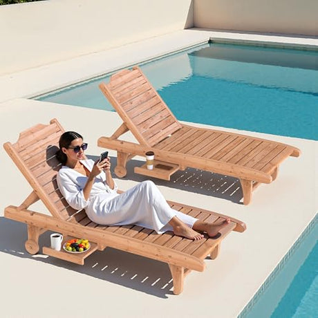 EUNHOO Wooden Chaise Lounge Chair, 3-Position Adjustable Outdoor Tanning Chair with Hidden Side Tray & Wheels, Poolside Patio Sun Chair EUNHOO