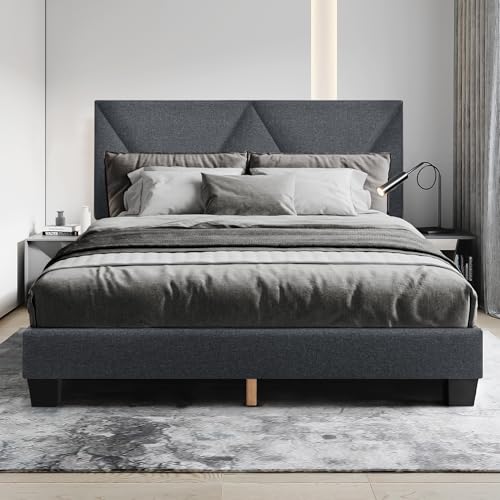 FINATI Queen Size Wood Platform Bed Frame with Upholstered Headboard for Noise-Free Sleep and Easy Assembly - WoodArtSupply