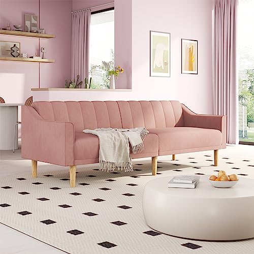 Velvet Futon Sofa Bed Couch, 74" Pink Convertible Sleeper Sofa, Loveseat Futon Couch with Adjustable Backrests, Couches for Living Room Bedroom Apartment