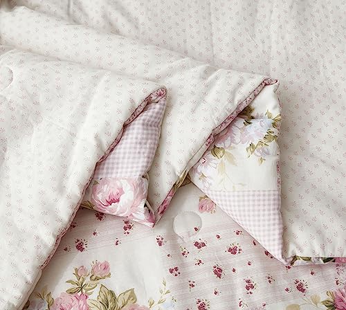 Chezmoi Collection Rosy 3-Piece Full Size Washed Cotton Comforter Set - Floral Bedding Set Ivory Green Pink Flower Polka Dot Printed Patchwork Reversible Lightweight Comforter for All Season Chezmoi Collection