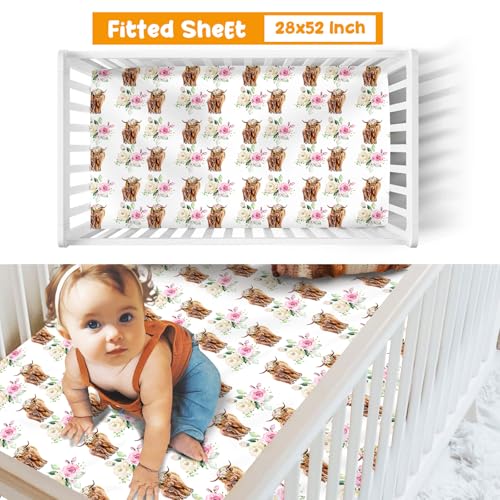 Duckbe Baby Crib Bedding Set - Highland Cow Design Nursery Bedding 3 Pcs Set - Chic Soft Blanket, Sheet, Pillowcase for Newborns Boys Girls Gifts Color25 Duckbe