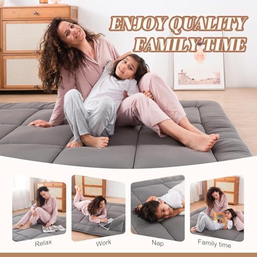 WhatsBedding Japanese Floor Mattress Futon Mattress 3" Grey Tatami Mat Shredded Memory Foam Filled Sleeping Pad, Foldable & Portable Roll Up Lounger Camping Bed for Kids and Adult,Queen Size 60"x 80" WhatsBedding