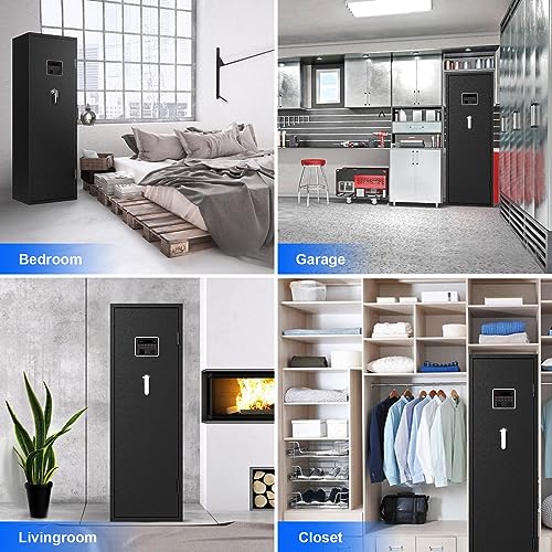 EMAXEE 7-8 Biometric Gun Safe Rifle, Large Gun Safes for Home Rifle and Pistols with Upgraded Control Panel and LED Light, Quick Access Fingerprint Gun Cabinet with Removable Shelf and Gun Racks EMAXEE