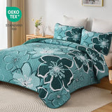 Luxudecor Floral Quilt Set King 3 Pieces Dark Green Flower Quilt Coverlet Set with 2 Pillow Cases, Lightweight Soft Microfiber Reversible Boho Bedspread for All Seasons 108"x92" Luxudecor