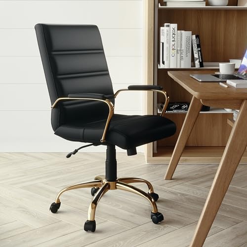 Flash Furniture Whitney Mid-Back Swivel LeatherSoft Desk Chair with Wheels, Padded Seat and Armrests, Adjustable Height Padded Office Chair, Black Flash Furniture