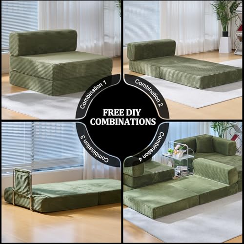 GEARIVY Folding Sofa Bed Convertable Corduroy Couch King Size Floor Sleeper 4-in-1 DIY Combination Modular Sofa Fold Out Futon Lounge Comfy Foldable Lazy cama for Living Room (Green, 39.37″S-HR) GEARIVY
