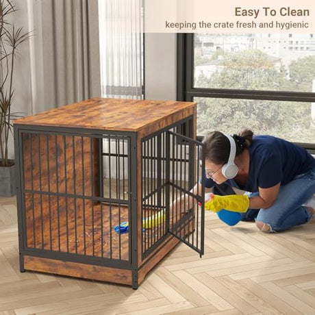 Rovibek 86 Inch Double Dog Crate Furniture, Dog Cage Furniture with Removable Divider & Trays, Large Wooden Dog Crates for 2 Dogs Indoor with Three Doors, Rustic Brown Rovibek
