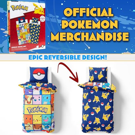 Get Trend Pokemon Single Duvet Cover Set with Pillowcase for Boys, 53"x79", Reversible Pikachu Design, Soft Boys Bedding, Gifts for Kids (Multi Pokemon) Get Trend