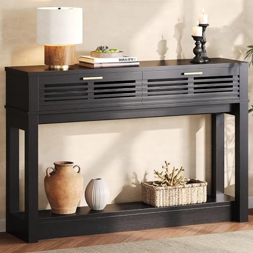 IRONCK Entryway Table, 47" Console Table with Drawer for Living Room, Wooden Sofa Table with Storage, Mid Century Modern, Black IRONCK