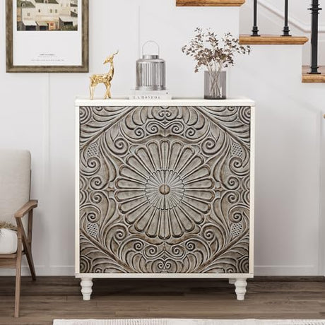 COSIEST 32" W Sideboard Buffet Cabinet with Storage, Accent Cabinet with 2 Push-to-Open Magnetic Doors, Vintage MDF Buffet Table for Living Room, Kitchen, Hallway (Gray,Flower Pattern) COSIEST