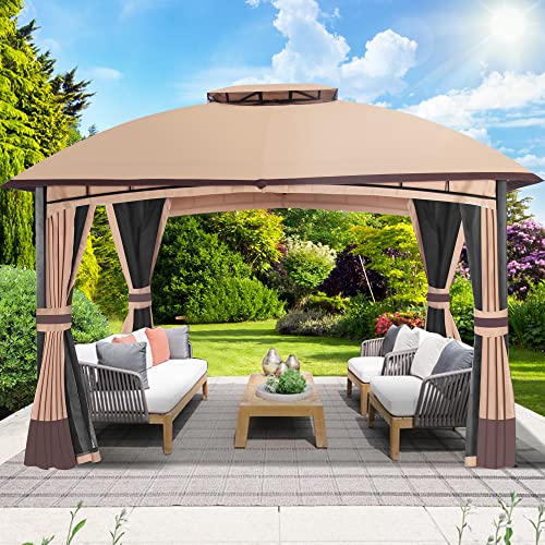 10’x 12’ Outdoor Gazebo, Double Roof Patio Gazebo with Netting and Curtains, Metal Frame Outdoor Patio Canopy for Deck Backyard Garden