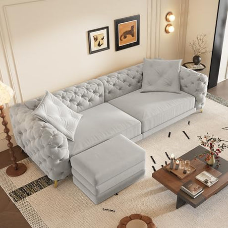 Tabaray 97.7'' Pull Out Sofa Bed King, Chesterfield Velvet Sleeper Sofa, Convertible L-Shaped Futon Couch, Tufted Back, Ottoman, Deep Seat Loveseat Couches for Living Room, Apartment, Light Gray Tabaray